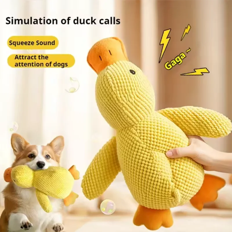 Dog sleeping with a dog hug duck toys to relieve boredom of little